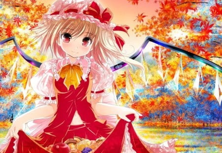 Flandre Scarlet - flandre scarlet, hat, girl, red eyes, touhou, blonde hair, anime, leaves, short hair, cute, dress