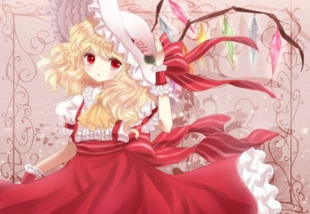 Flandre Scarlet - hat, roses, anime, flandre scarlet, dress, girl, blonde hair, red eyes, short hair, touhou, cute