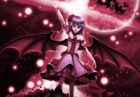 Remilia Scarlet - anime, alternate outfit, dress, girl, bat wings, red eyes, short hair, touhou, cute, remilia scarlet, purple hair