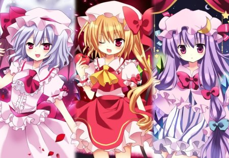 Touhou - purple eyes, patchouli knowledge, touhou, cute, short hair, dress, purple hair, red eyes, long hair, blonde hair, fruit, flandre scarlet, hat, remilia scarlet, anime girls, blue hair