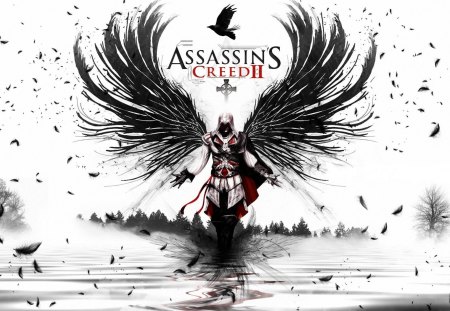 Assassin's Creed II - male, lone, assassin, feathers, assassins creed, water, wings, hood, white background, games, video games