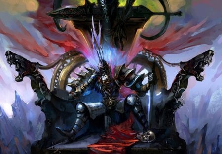 Throne of Death - skull, warrior, armour, throne, weapon, sword, fantasy