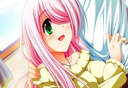 I've got you..... :) - blushing, anime, renai kateikyoushi rurumi coordinate, nonami honoka, girl, green eyes, long hair, sweet, big breasts, cute, pink hair