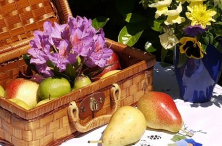 End of summer - summer, purple, end, flowers, picnic, vase, yellow, box, fruit, nature, pears, autumn