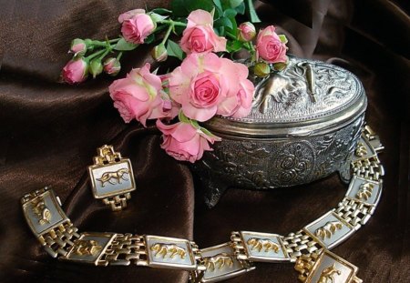 Pink roses and silver box - nature, silver, roses, box, pink, flowers