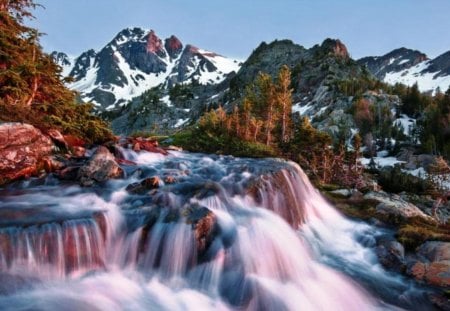 Mountain river - trees, high, snow, landscape, mountain, river, nature, waterfall, quick, view, cold, rocks