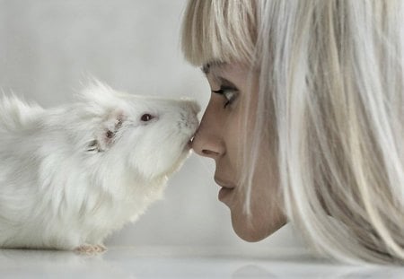 White kiss - love, paw, girl, animals, pets, lovely, white, kiss, rodents, blonde