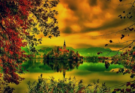 Fiery sky - summer, island, reflection, leaves, shore, fire, riverbank, red, waters, lake, sky, castle, clouds, tower, orange, tree, colorful, river, nature, green, autumn, fiery