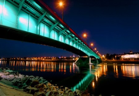 A bridge at night - nice, sky, water, mirrored, calm, view, reflection, dark, evening, river, bridge, dusk, sands, lake, night, summer, shore, lovely, nature, pier, town, beautiful, twilight, city, lights, europe