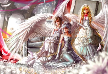 ANGELIC BRIDES - dresses, girls, three, cage, feathers, girl, manga, wings, white, ruins, saber01, pink, flowers, saber 01, anime, art, arches, angels, daisies, angel