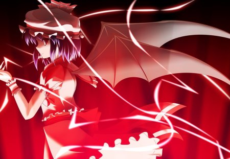 Remilia Scarlet - hat, anime, anime girl, dres, bat wings, red eyes, short hair, touhou, blue hair, remilia scarlet