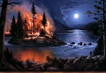 OUT OF THE ASHES - reflections, moon, forest, fire