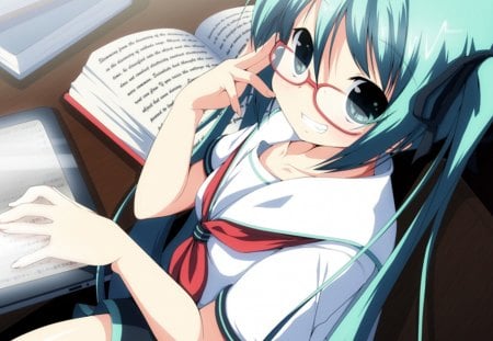 Hatsune Miku - pretty, artistic, twin tail, uniform, stunning, nice, program, hot, thighhighs, beauty, virtual, cg, school uniform, white, cute, aqua eyes, song, outfit, sexy, study, vocaloid, anime, blue, amazing, twintail, school, hatsune miku, books, music, aqua, red, art, idol, anime girl, skirt, beautiful, studying, reading, table, singer, girl, cool, black, miku, glasses, awesome, diva, digital, aqua hair, thigh highs, hatsune, vocaloids