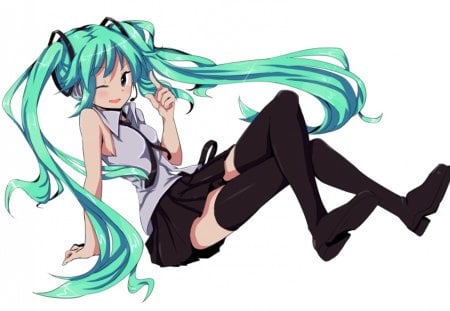 Hatsune Miku - aqua, hot, thigh highs, thighhighs, music, anime girl, stockings, white, amazing, art, cool, aqua eyes, artistic, hatsune miku, sexy, skirt, leggings, song, stunning, vocaloids, program, vocaloid, beautiful, uniform, diva, beauty, nice, twintail, aqua hair, singer, black, virtual, pretty, idol, anime, wink, miku, cute, twin tail, girl, cg, hatsune, blue, tie, awesome, digital, outfit