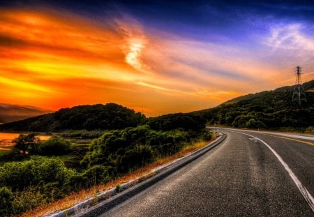 ROAD to the HORIZON - clean, hill, river, sunset, road