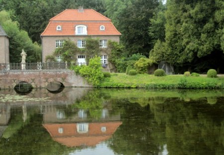 Anholt park - trees, red, architecture, water, green, bridge, hous