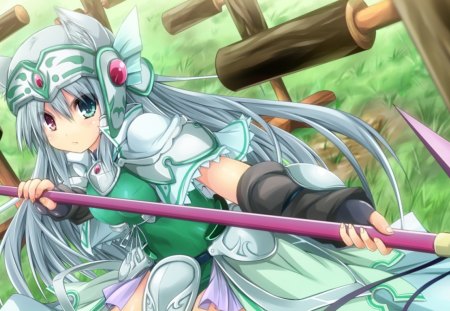 sangoku hime - anime, animal ears, girl, long hair, armor, bicolored eyes, weapon, sangoku hime, game cg, silver hair