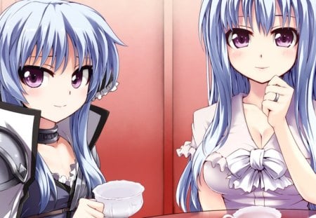 Hakukei Kousonsan - anime, hakuei kousonsan, dress, long hair, purple eyes, 2girls, blue hair, sangoku hime, cup, game cg