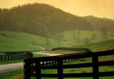 Countryside - fence, lawn, mountain, road, grass