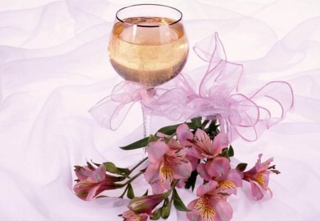 INCA WINE - dainty, delicate, bows, pink, still life, inca lily, flowers, wine, glasses, refreshment, freesias, ribbons