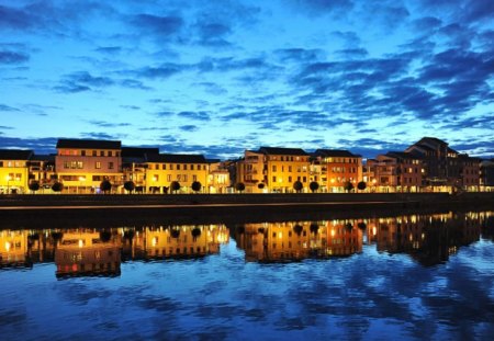 riverside houses - lake, architecture, houses, clouds, rivers, fun, nature