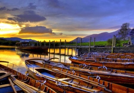 RESTING BOATS - house, boats, sunset, lake, pier