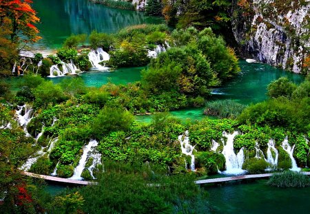 MULTIPLE RIVER FALLS - forest, mountain, river, waterfalls, pool