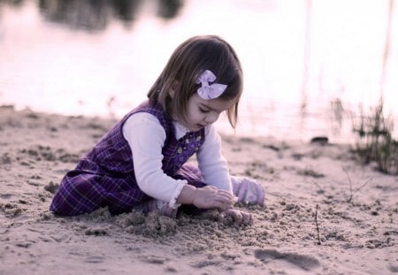 ღ PURPLE darling ღ - mood, polka dots, sand, child, playing, a girl, purple, ribbon, bow