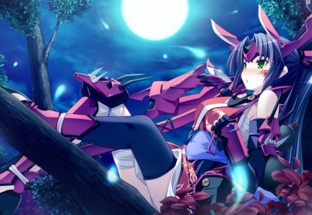 Tamaru Makoto - female, night, green eyes, long hair, armor, demon mask, blue hair, katana, sitting, moon, tattoo, anime girl, hot, sword, thighhighs, blush, cool, tree, drink, pony tail, tamaru makoto, sexy, full moon