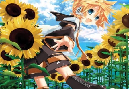 I want to hold your hand! - sunflowers, vocaloid, yellow, project diva, len kagamine, kagamine len, stars, video games, sky, other, len