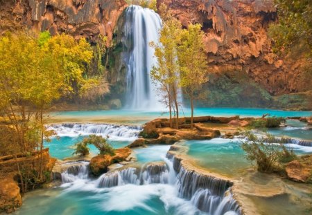 magic waterfall - autumn, cascades, trees, popular, photography, water, waterfalls, wallpaper, waterfall, rocks, nature, blue, river, green, beauti, natural