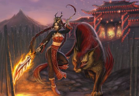 Beast Mistress - dark hair, yellow eyes, fur, flames, mountain, female, waistband, long hair, gold eyes, fantasy, horns, spear, animal, weapon, bamboo