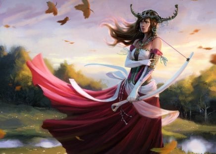 By the riverside - trees, female, water, dress, sword, corset, headwear, long hair, girl leaves, weapon, lone, sky