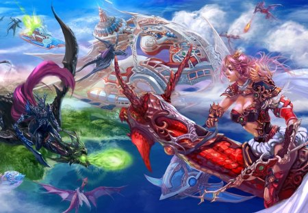 Dragon Wars - dragons, pink hair, water, wings, scales, horns, clouds, armour, dragon, cape, sword, weapons