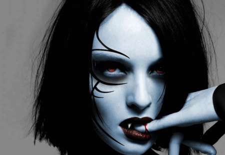 Vampress - woman, pale skin, female, bite, goth, blood, vampire, face, red eyes, fangs