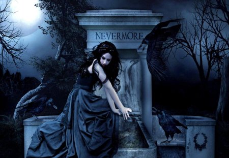 Dark Woman at Graves - beauty, dark, night, goth, monument, fantasy, grave, emo