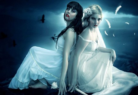 Light and Dark Sisters - woman, back to back, dark, goth, blond, sisters