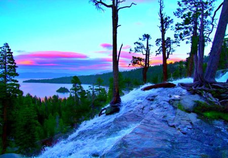 MOUNTAIN STREAM FALLS - forest, mountain, stream, waterfalls, sunset