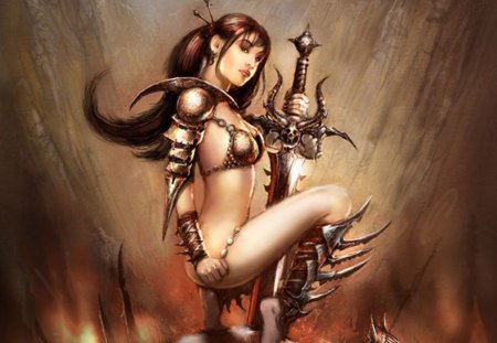 Conney the Barbarian - female, girl, warrior, long hair, blade, fantasy, brown hair, armour, weapon, sword, brown background