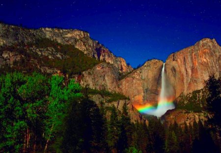 YOSEMITE at STARRY NIGHT - trees, rainbow, falls, yosemite, stars, mountain, sky