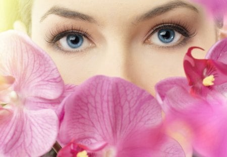 Blue eyed girl - orchids, body, girl, floral, pink, blue, eyed, soul