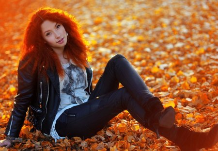 A field of leafs in the sunset - girls, models, sunset, people