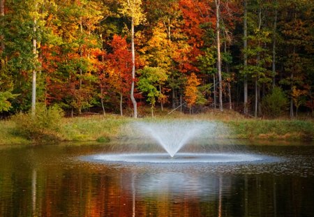 the fountain - lake, trees, water, fountain, fall, forest, walk, leaves, colors, grass, pond