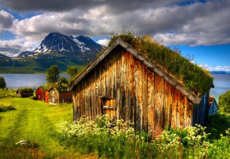 Wooden cabins near the river - summer, blue, cabin, grass, mountain, flowers, shore, riverbank, lake, nice, eautiful, sky, clouds, house, lovely, lakeshore, river, wooden, nature, green, cottages