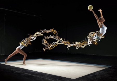 gymnast - woman, triangles, ball, pencil