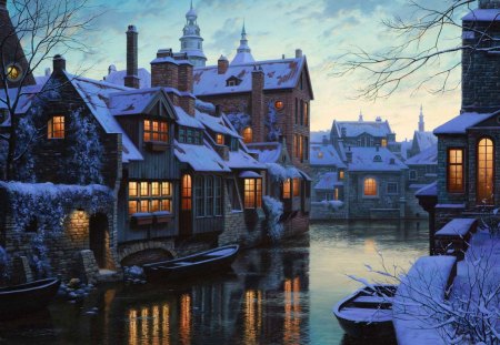 Snow Town - windows, sky, trees, roofs, water, roads, reflection, clouds, architecture, dusk, boat, houses, boats, buildings, nature, blue, doors, lights