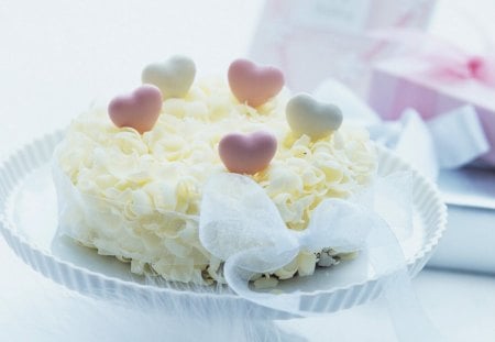 With love - tenderness, heart, ribbon, sweets, cake, tasty, love, petals