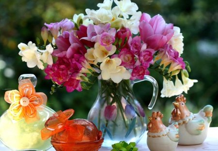 Keep the spring in your heart - flowers, vase, souvenirs, tulips, cute, ribbon, spring, bouquet