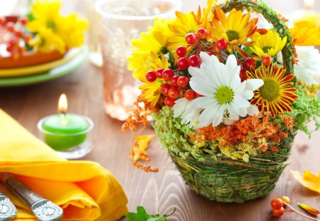 Lovely Flowers - pretty, romantic, daisy, romance, flowers, gerberas, colorful flowers, daisies, candles, gerbera, for you, beautiful, photography, candle, table, beauty, colors, lovely, with love, still life, sweet, petals, bouquet, basket, colorful, nature, glasses, glass