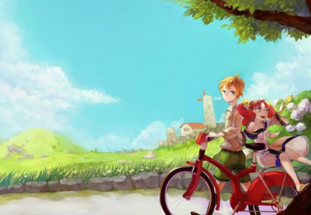 Anime - girl, boy, anime, tree, road, happy